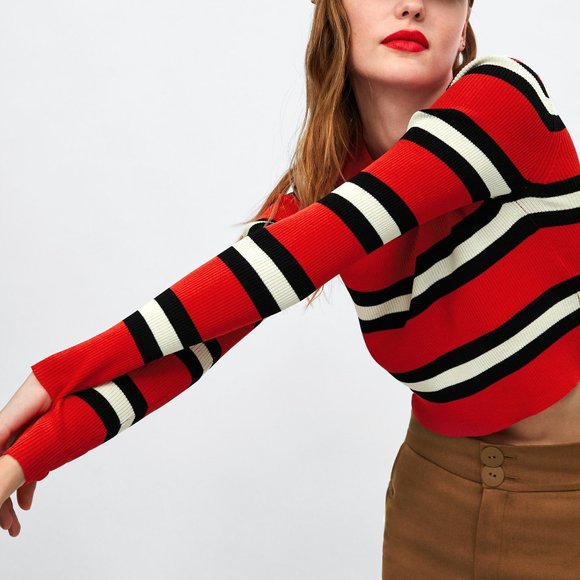 New Zara Red & Black Striped Knit Long Sleeve - Picture 5 of 12